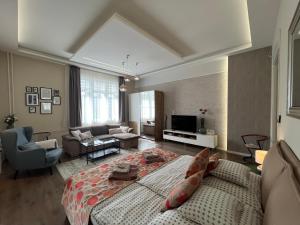 Visit Debrecen Apartman في ديبريتْسين: غرفة معيشة كبيرة مع سرير وأريكة