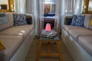 ein Wohnzimmer mit 2 Sofas und einem Tisch mit einer Lampe in der Unterkunft Bâteau cocoon en amoureux in Bordeaux