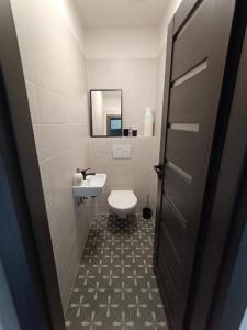 a bathroom with a white toilet and a sink at Apartmány Oxota in Jaroměř