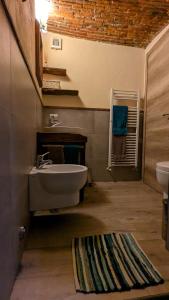 een badkamer met een wastafel, een toilet en een tapijt bij Maison du Pont Romain in Aosta +18 foto's