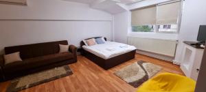 a living room with a couch and a window at Apartamente elegante in regim hotelier in Iaşi