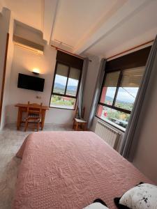 Hostal mesón del cinca في El Grado: غرفة نوم بسرير ونوافذ ومكتب
