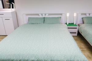 a bedroom with a large bed with a green comforter at STUDIO STUDIO + in Vrbas
