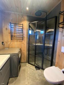 ein Bad mit einer Dusche und einem WC. in der Unterkunft Gaustablikk Sportshytte in Rjukan