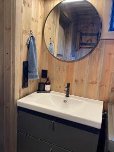 een badkamer met een witte wastafel en een spiegel bij Gaustablikk Sportshytte in Rjukan