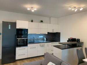 a kitchen with white cabinets and a black appliance at Apartmán s vyhlídkou in Horní Maršov