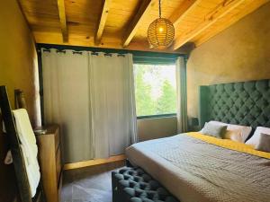 Godínez的住宿－Cabaña en el bosque V14，一间卧室设有一张大床和一个窗户。
