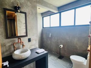 W łazience znajduje się umywalka, toaleta i lustro. w obiekcie Cabaña en el bosque V14 w mieście Godínez