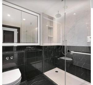 a bathroom with a toilet and a glass shower at Luxury Apartment Riverside in London