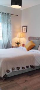 um quarto com uma cama com queques em Butterfly Guesthouse - Entire Home within 5km of Galway City em Galway