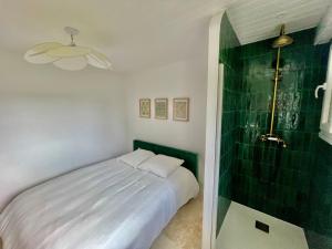 een slaapkamer met een bed en een glazen douche bij Maison en Normandie - 5 min plage Houlgate - Villers sur mer in Auberville