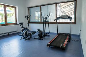 a gym with three exercise bikes and a treadmill at Aquacool in Crasna