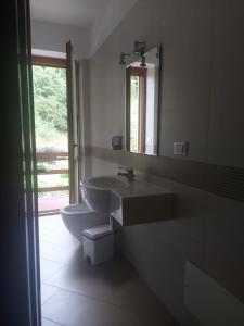 La salle de bains est pourvue d'un lavabo, de toilettes et d'un miroir. dans l'établissement Alloggio Petrigh 2, à Canal di Grivo
