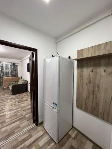 une cuisine équipée d'un réfrigérateur. dans l'établissement Apartament o camera Radoi, à Drobeta-Turnu Severin