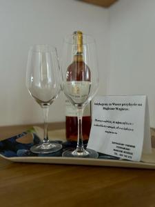 two wine glasses on a tray with a bottle of wine at Magiczne Wzgórze in Ustroń