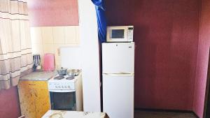 a kitchen with a microwave on top of a refrigerator at Apartment na VEFe in Bishkek