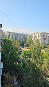 Blick auf eine Stadt mit hohen Gebäuden und Bäumen in der Unterkunft Apartment na VEFe in Bischkek