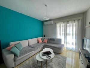 een woonkamer met een grijze bank en een blauwe muur bij S&E Apartment in Pogradec