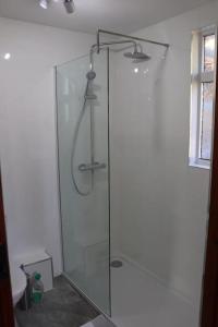 a shower with a glass door in a bathroom at Garn Lodge in Newtown