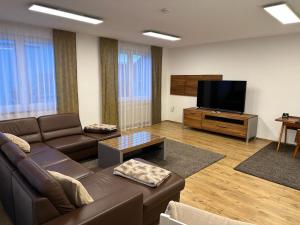 een woonkamer met een bank en een flatscreen-tv bij Ferienhaus Nadia in Burgau