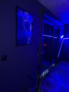 um quarto azul com uma planta em frente a uma janela em Chambre romantique avec Spa B em Gruny