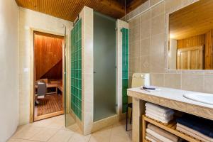 een badkamer met een wastafel en een spiegel bij Rooftop 180m2 Loft with private SAUNA, in Bratislava