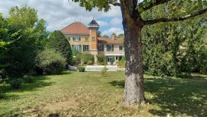 a large house with a tree in the yard at La Tour Bleue in Chânes