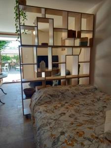 um quarto com uma cama e uma parede com prateleiras em Le studio d'Alexandre - Terrasse et Parking - em Montboucher-sur-Jabron