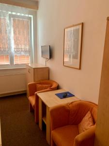 uma sala de espera com duas cadeiras e uma mesa em hotel Sádek em Díly