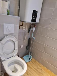 baño con aseo blanco y cepillo azul en Dépendance-Appartement dans maison à Montgeron, en Montgeron