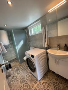 een wasmachine in een badkamer met een wastafel bij Cottage Sanna in Jönköping