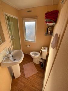 ein kleines Bad mit einem Waschbecken und einem WC in der Unterkunft Retro house in nature in Šamorín