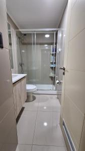 Un baño blanco con ducha y WC. en Departamento Centro Lynch II, en Temuco 9 fotos más