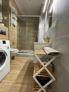 uma casa de banho com um lavatório e uma máquina de lavar roupa em La Mia Casa Apartament Świdnica em Świdnica