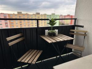 a balcony with two benches and a table with a plant at Zikovka in Olomouc