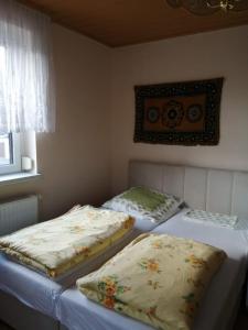2 camas individuales en una habitación con ventana en Ferienwohnung Gotha, en Gotha