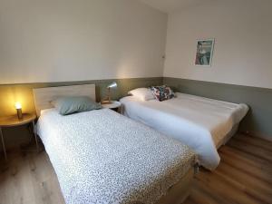 duas camas num quarto com duas mesas e candeeiros em Grand Appartement avec Jardin Bretenoux em Bretenoux