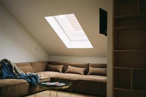 a living room with a couch and a skylight at Urlaub-Im-Erletal in Schleusingen