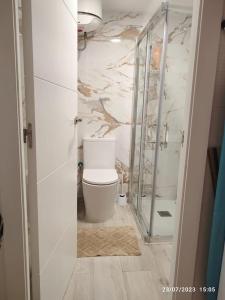 a bathroom with a toilet and a walk in shower at Casa La Marina in Alcossebre