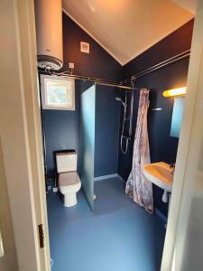 een kleine badkamer met een toilet en een wastafel bij Strandbyn - Destination Råbocka in Ängelholm