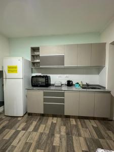 eine Küche mit einem Kühlschrank und einer Arbeitsplatte in der Unterkunft Complejo Lila in Mendoza