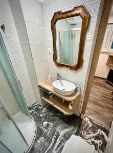 a bathroom with a sink and a mirror at OH Apartments & Rooms in Ljubljana