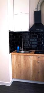 - une cuisine avec un évier et un mur en carrelage noir dans l'établissement Просторная квартира студия ЮЖД 5 минут, à Kharkov