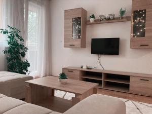a living room with a tv and a table at Alacaster apartment with PRIVATE PARKING in Novi Sad