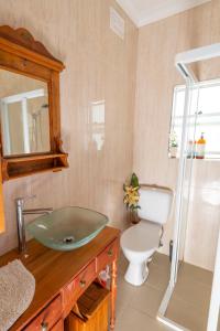 a bathroom with a glass sink and a toilet at Kurranulla Sapphire - U2 in Cronulla