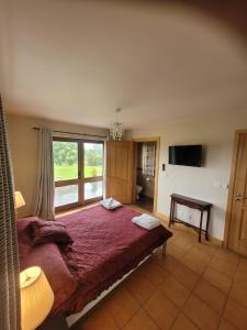 Un dormitorio con una cama grande y una ventana en Brigadoon lakeview room en Roundwood