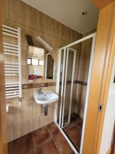 La salle de bains est pourvue d'un lavabo et d'un miroir. dans l'établissement Brigadoon lakeview room, à Roundwood