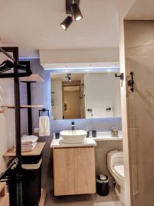 卡利的住宿－Hermoso y moderno apartaestudio en el norte de la ciudad, la Flora - 602，一间带水槽、卫生间和镜子的浴室