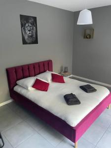 1 dormitorio con 1 cama grande con almohadas rojas en Ô calme Cosy - Jardins et Villes - Expérience Unique - Wifi Gratuit - Parking gratuite en Grenoble