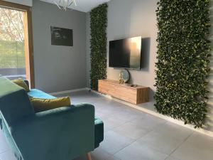 a living room with a green wall with a tv at Ô calme Cosy - Jardins et Villes - Expérience Unique - Wifi Gratuit - Parking gratuite in Grenoble